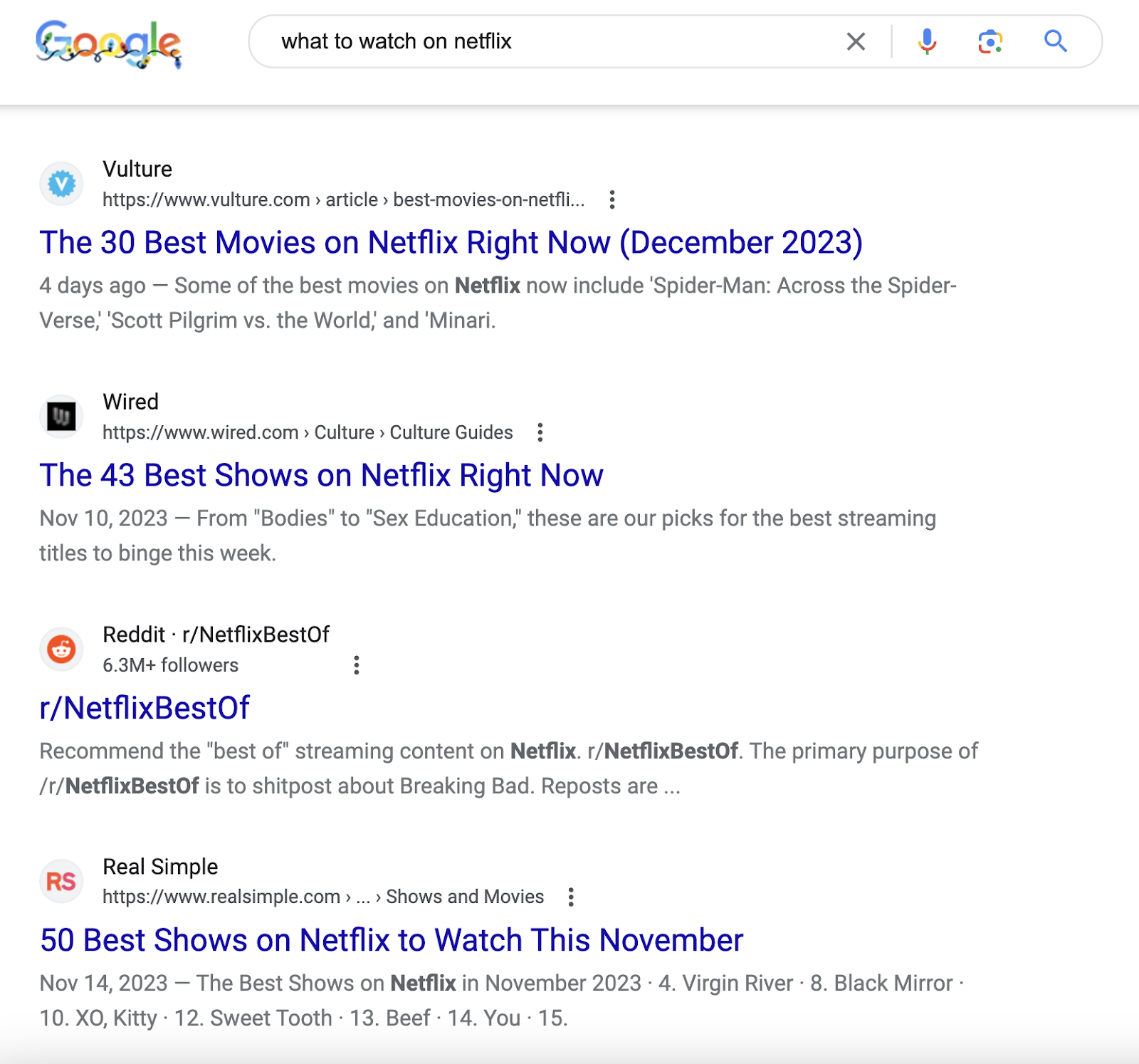 Google's search results for “what to watch on netflix"