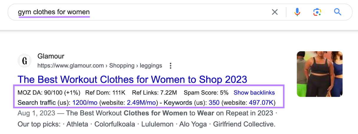 Glamour's results on Google SERP for "gym clothes for women"