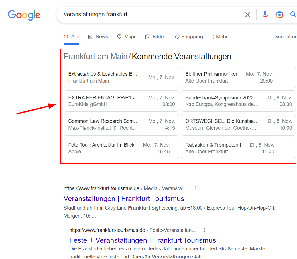 Screenshot: Veranstaltungen im Google-Suchergebnis