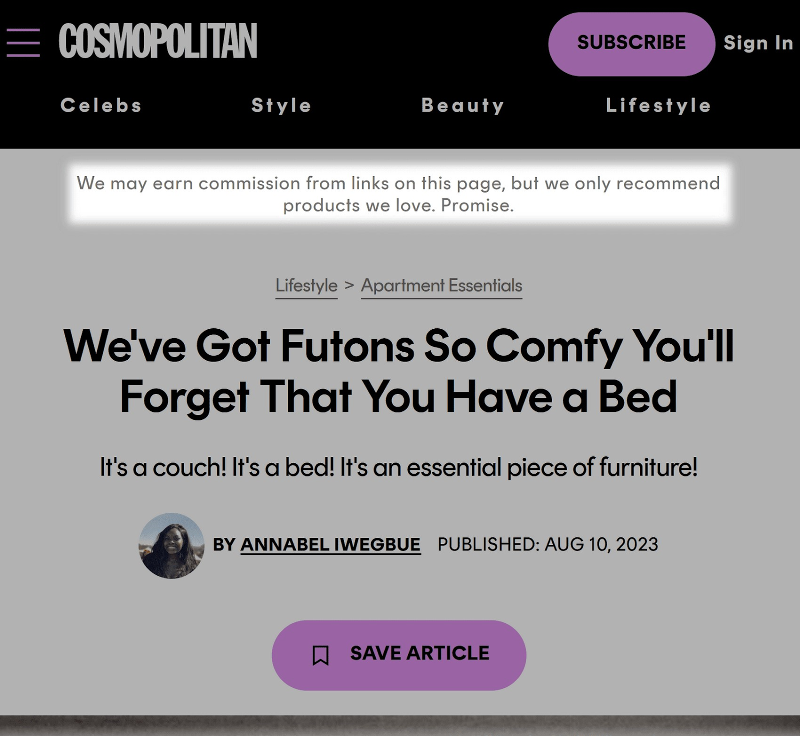 "We may earn commission from links on this page, but we only recommend products we love. Promise" message on Cosmopolitan's site