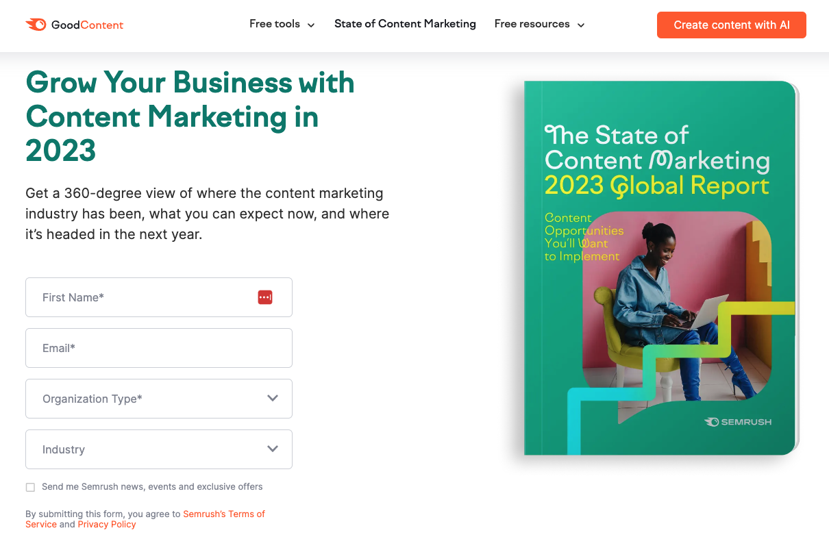 example of lead generation landing page from Semrush