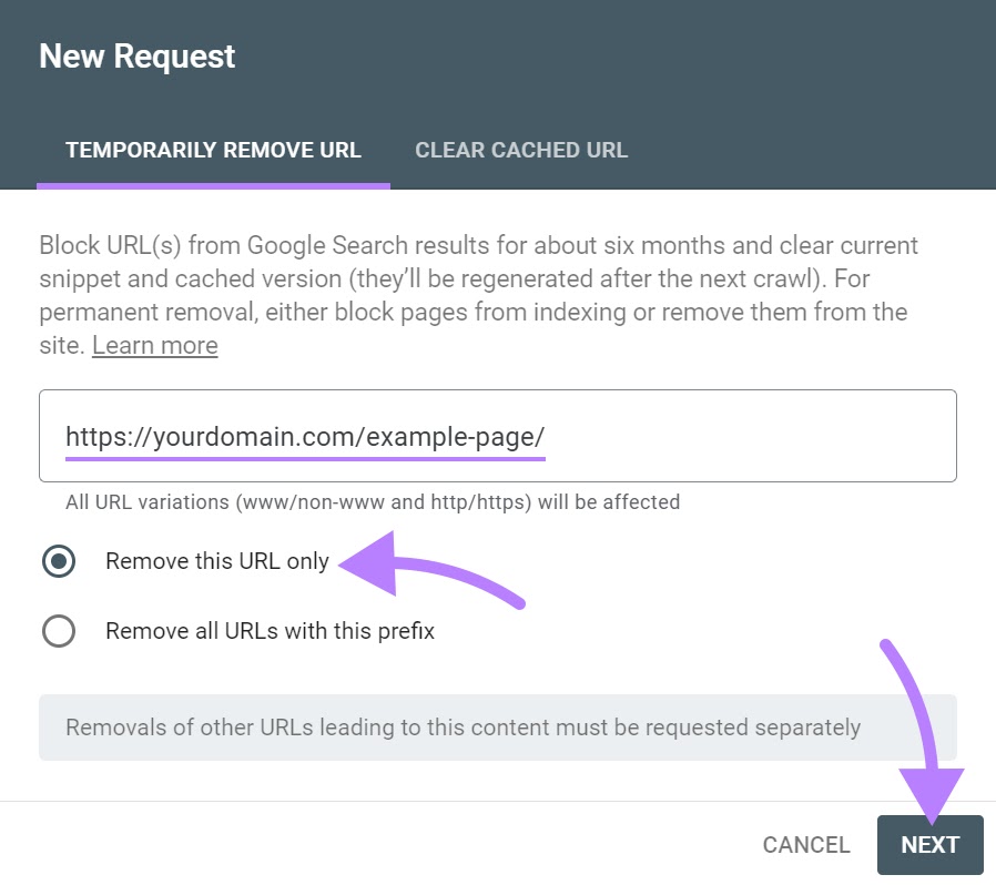 Example URL entered under “Temporarily Remove URL” tab