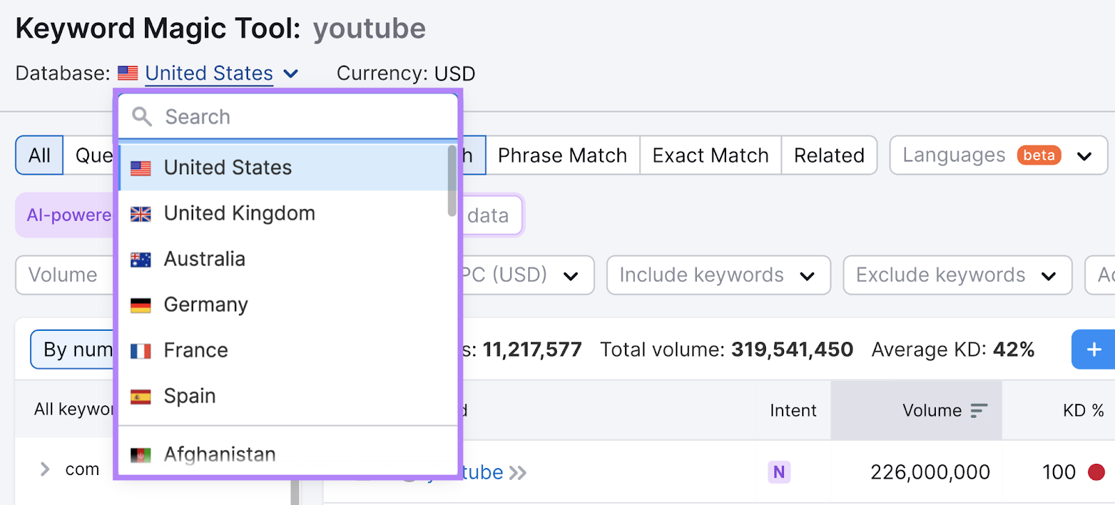 Database filter drop-down shows galore  state  options.