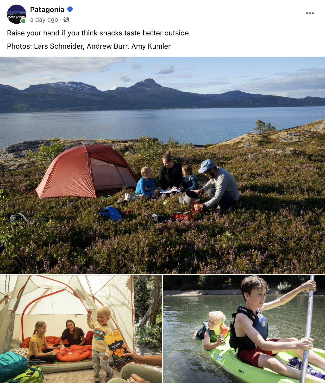 Patagonia Instagram post with collage of outdoor activities: a family eating near a tent, kids inside a tent, boys kayaking