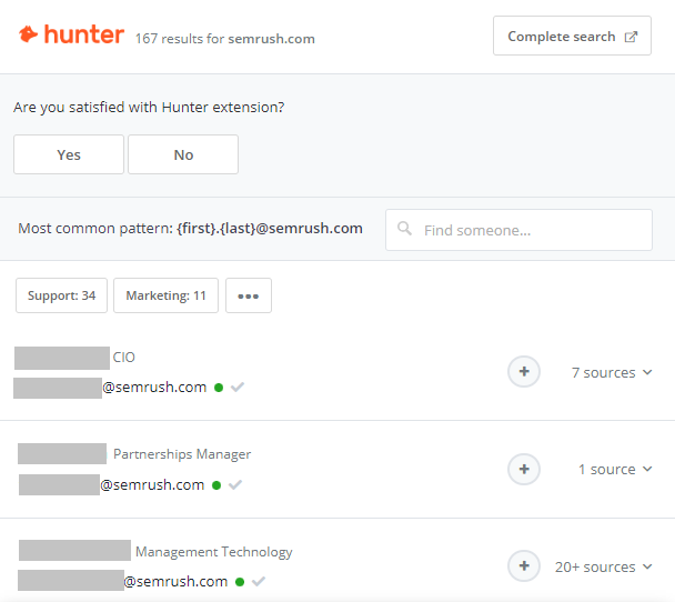 Obtaining email addresses associated with your people     sites successful  Hunter