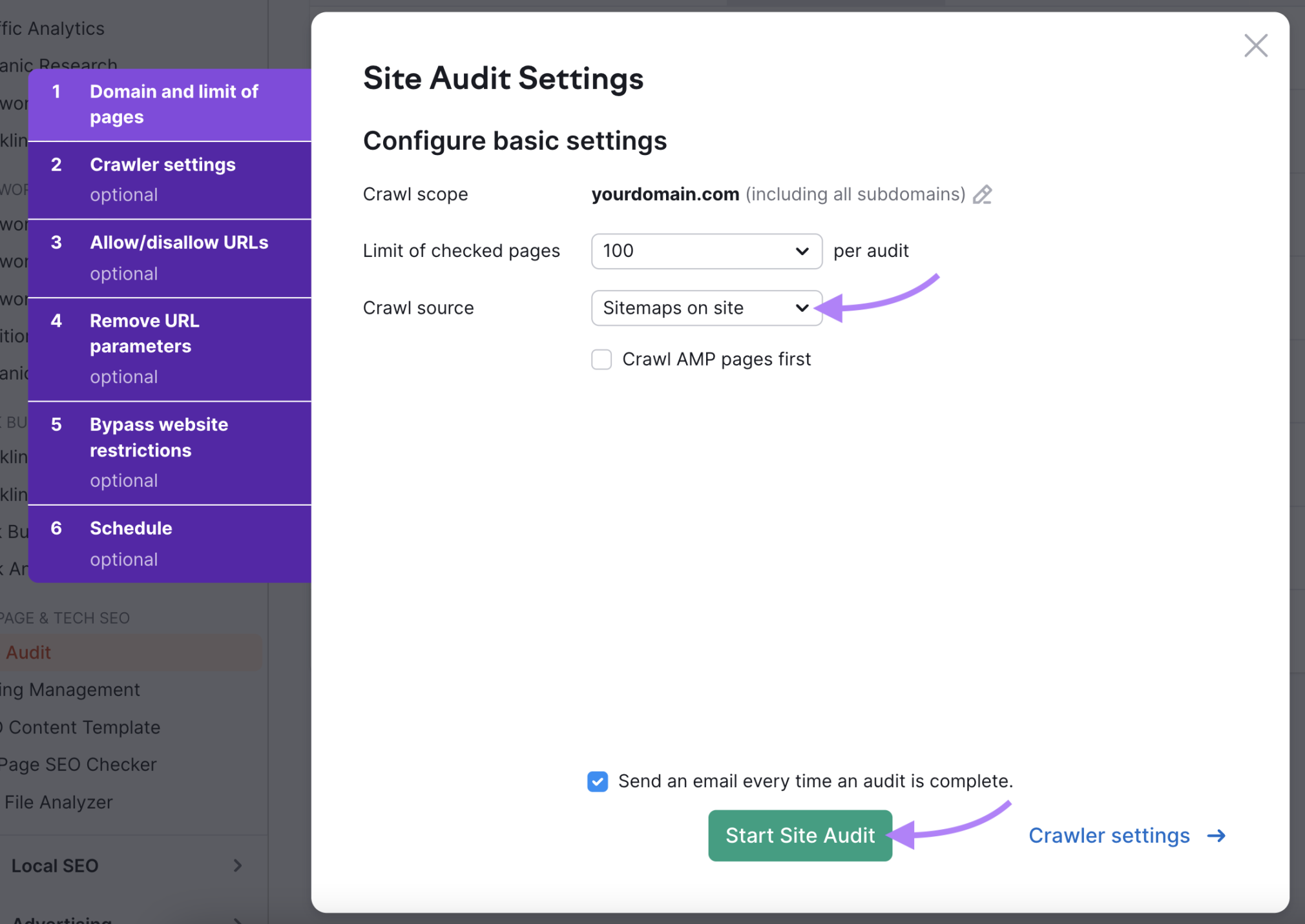 setting crawl source and starting site audit
