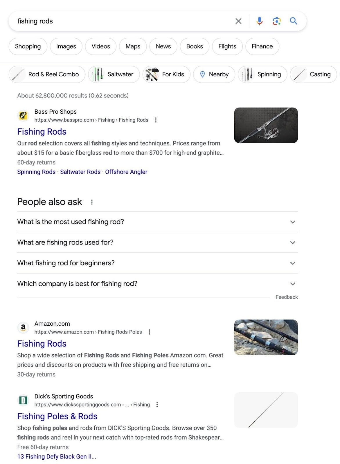 Google SERP for "fishing rods"