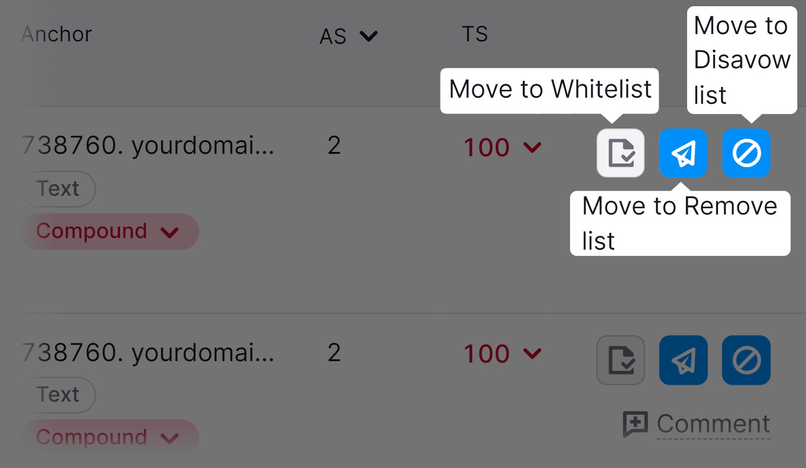 “Move to Whitelist,” “Move to Remove list,” and “Move to Disavow list” icons highlighted