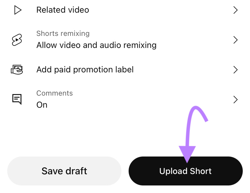 “Upload Short" button highlighted at the bottom of the screen