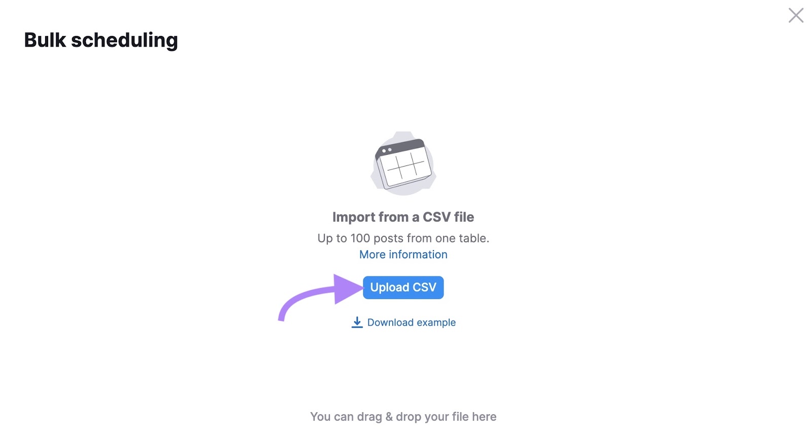 "Bulk scheduling" leafage   connected  "Social Poster" with the "Upload CSV" fastener  highlighted.