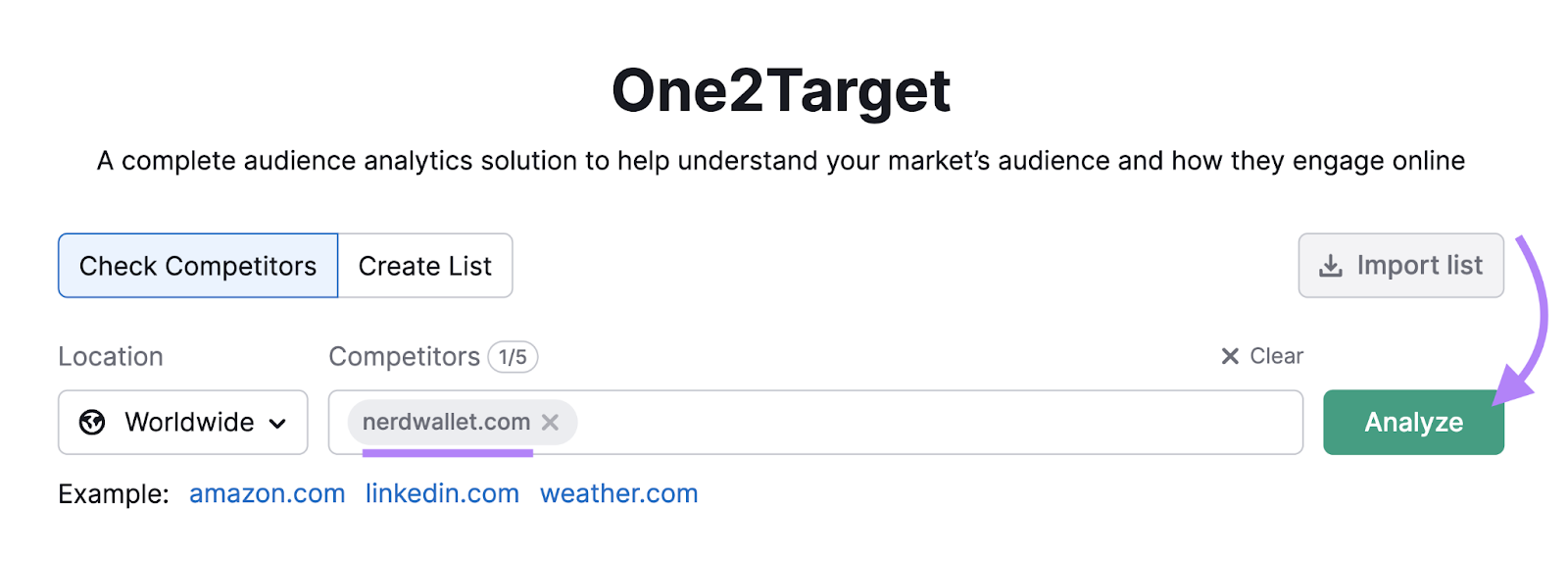 domain entered into One2Target tool