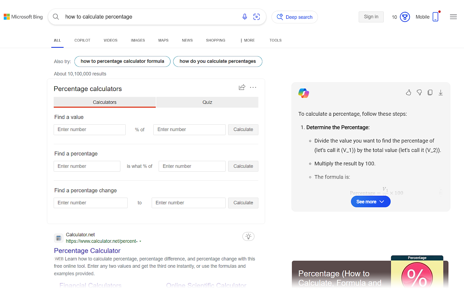 Bing SERP for "how to calculate percentage"