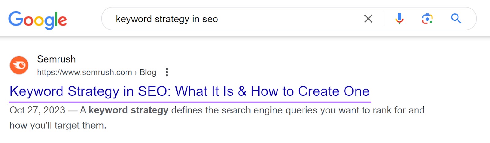 Title tag of a Semrush article as it appears in the Google Search Engine Results Page.