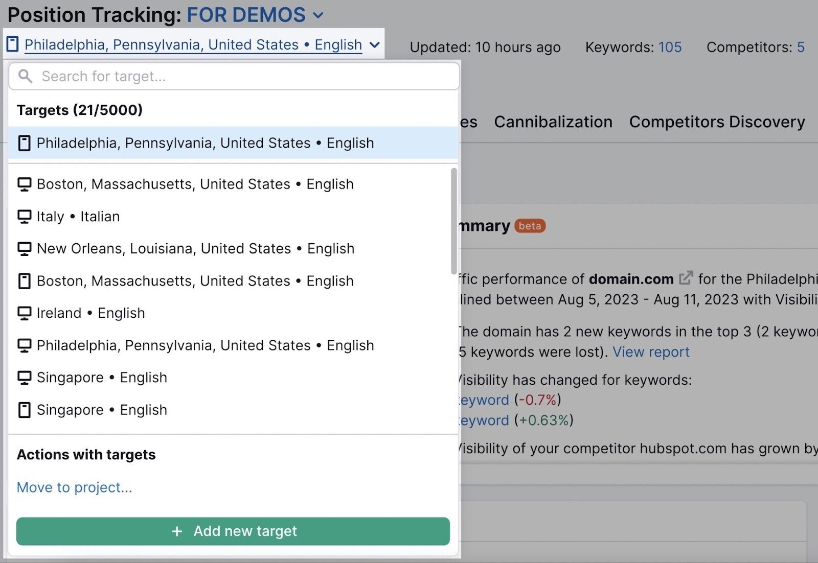 la función multitargeting de Seguimiento de posiciones te permite controlar varias ciudades y países dentro de un mismo proyecto