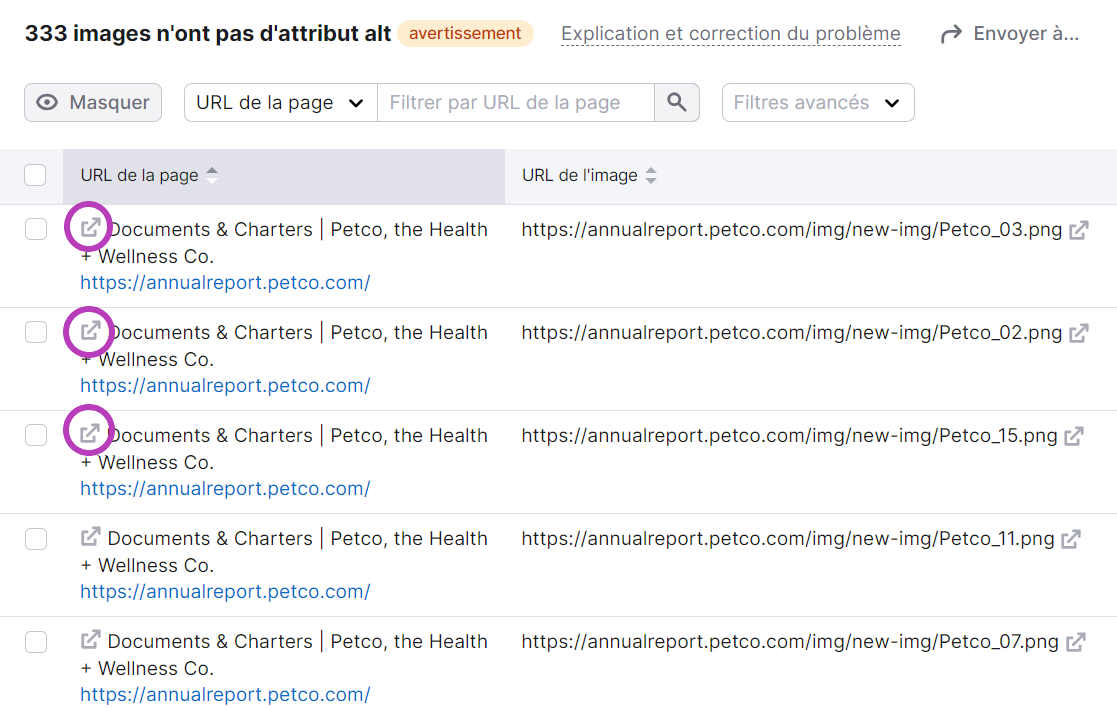 Audit de site de Semrush, onglet Problèmes, attributs alt, comment ouvrir la page correspondante