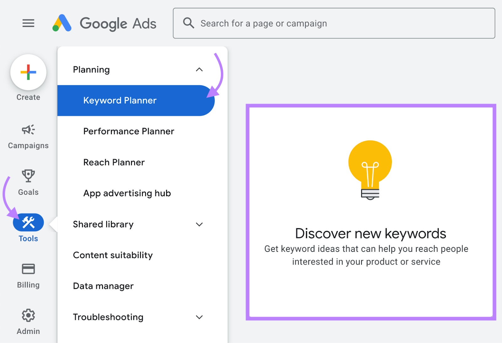 navigation in Keyword Planner