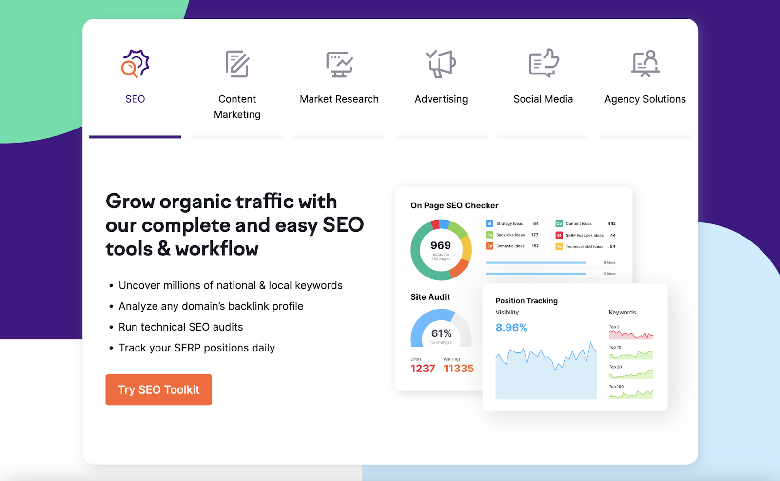 “SEO” section expanded on Semrush's site