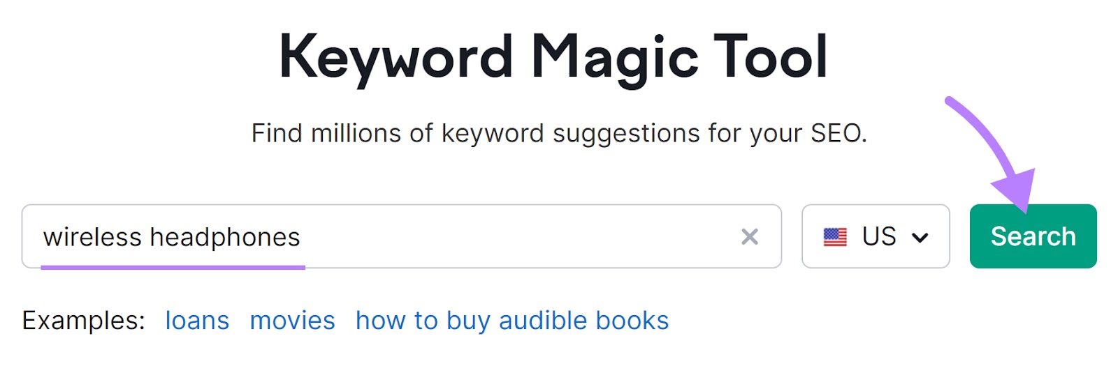 “wireless headphones" entered into the Keyword Magic Tool search bar