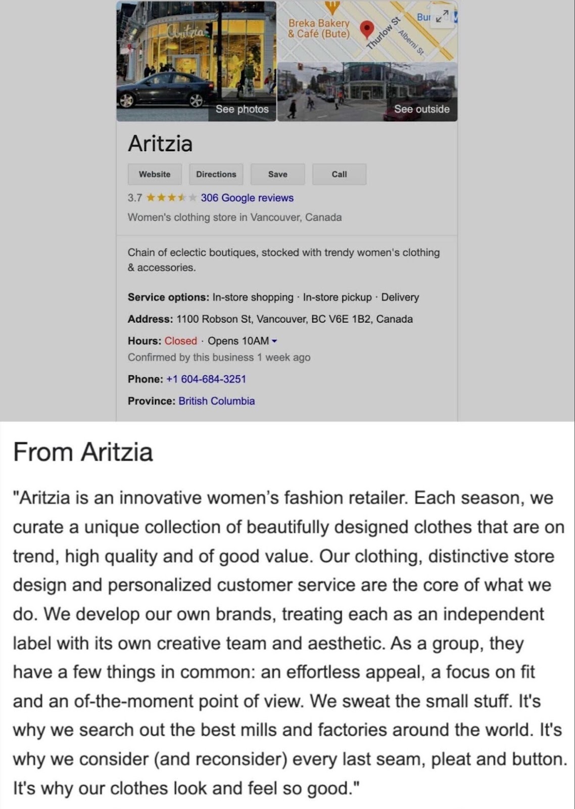Aritzia's Google Business profile