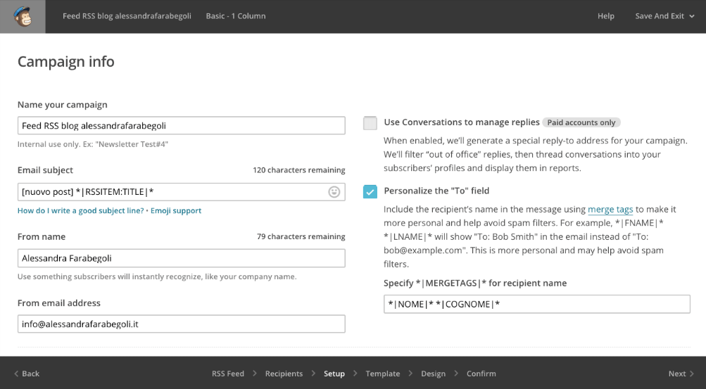 Il setup di una newsletter creata con MailChimp