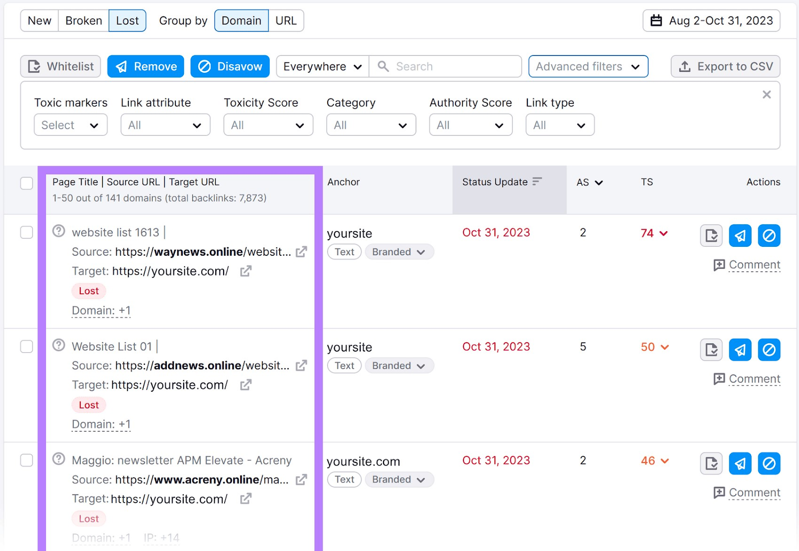 A list of lost backlinks in Backlink Audit tool