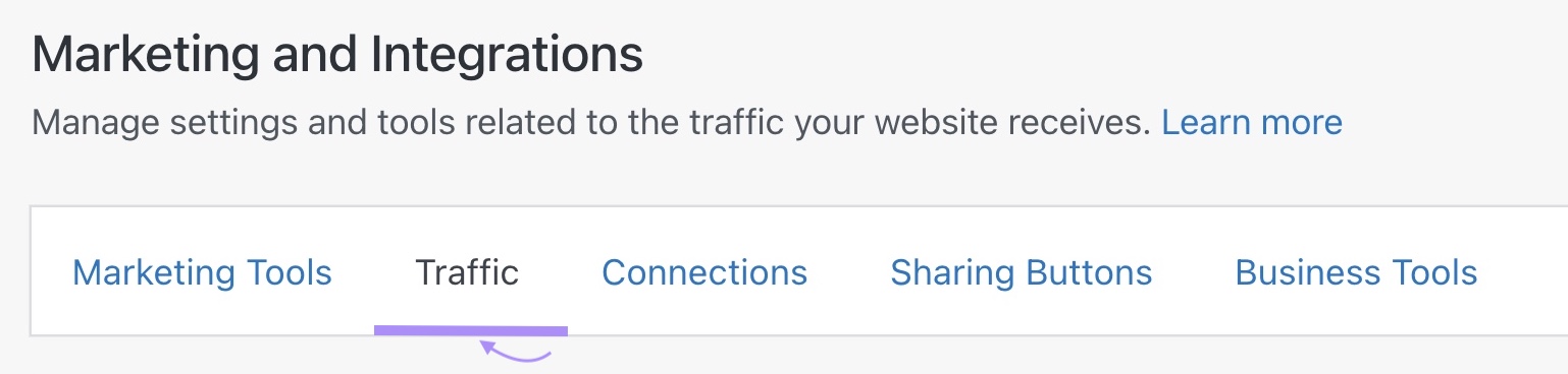 "Traffic" tab highlighted under "Marketing and Integrations"