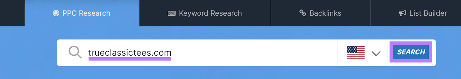 SpyFu PPC Research tool selected, domain entered, and Search button highlighted.
