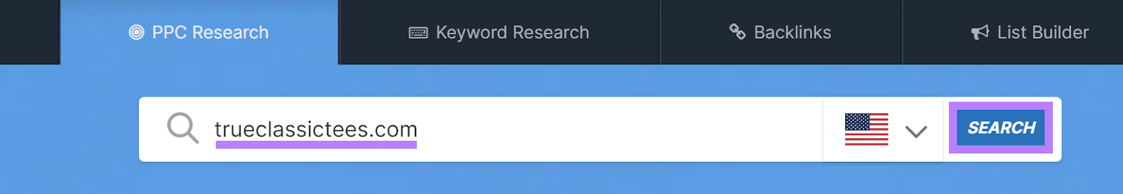 SpyFu PPC Research instrumentality   selected, domain entered, and Search fastener  highlighted.