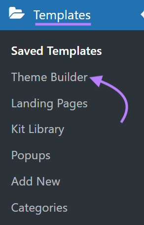 WordPress side menu showing option for Theme Builder.
