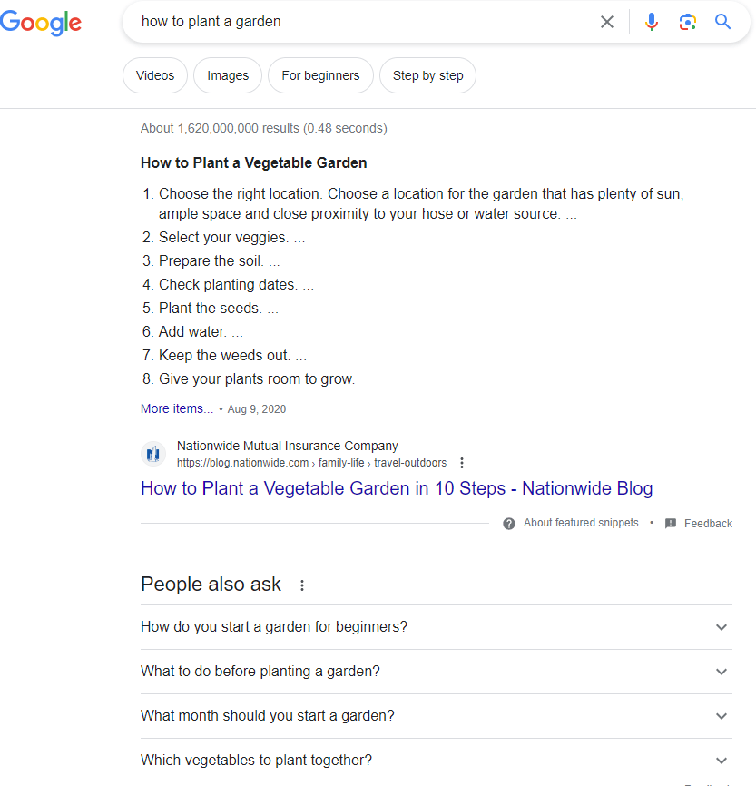 Google SERP for "how to plant a garden"