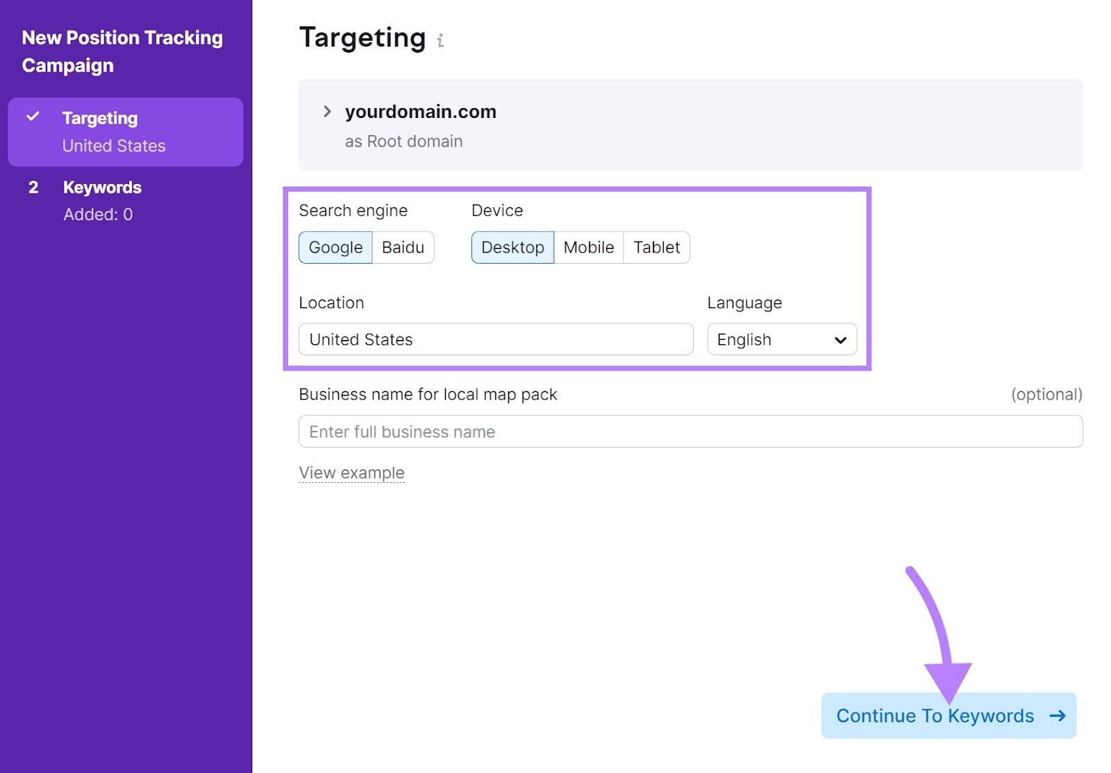 "Targeting" window in Position Tracking configuration steps