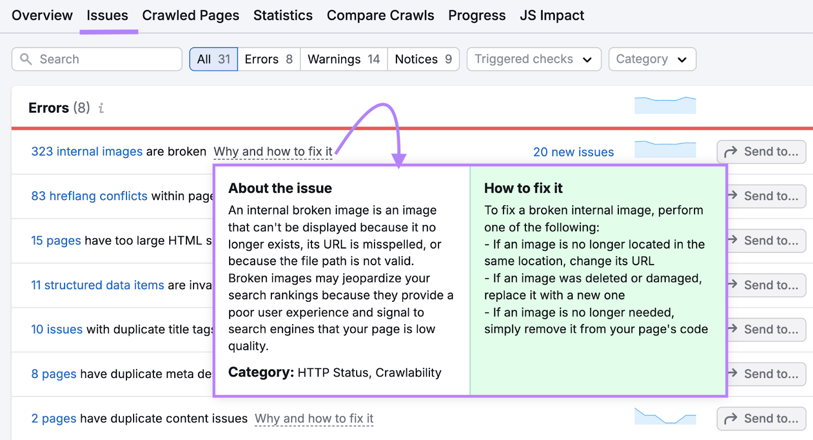 Issues tab shows apical errors and really to spread them.