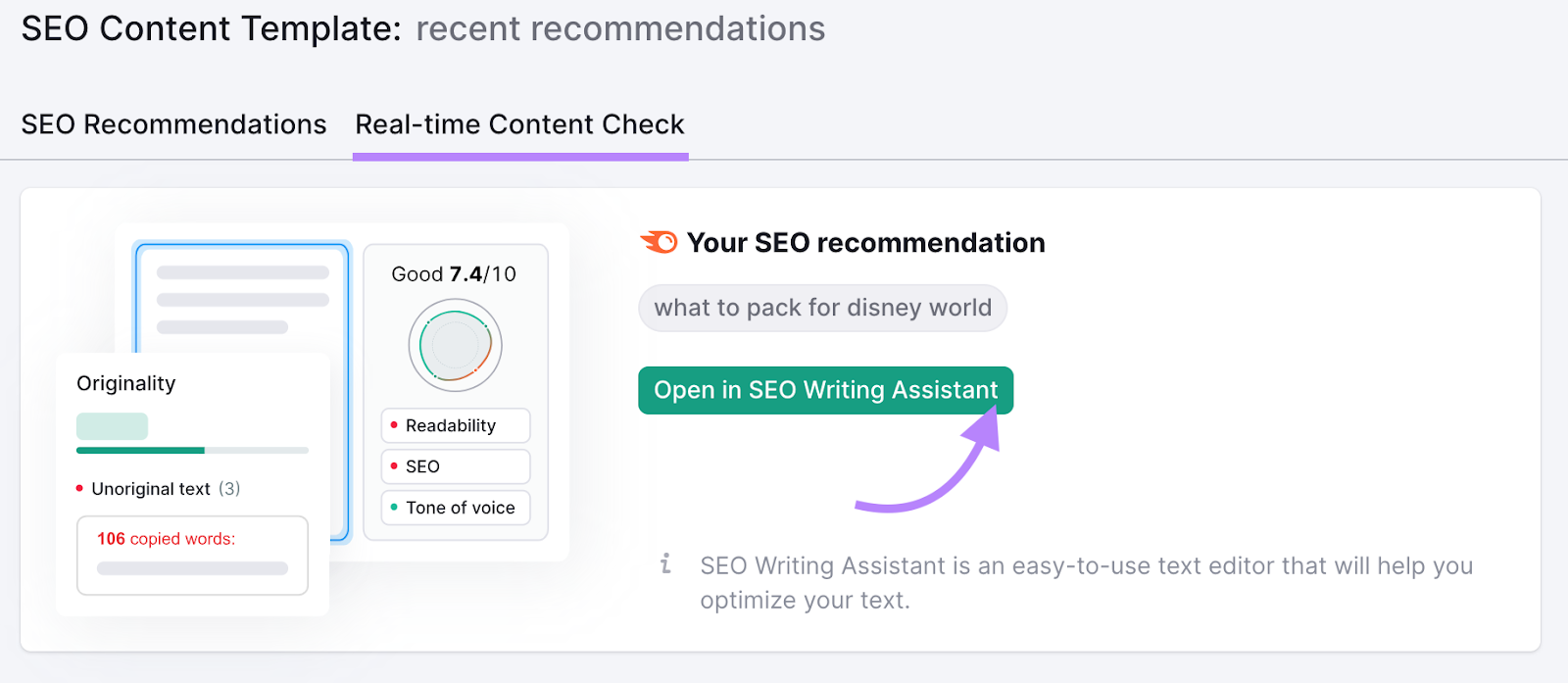 “Real-time Content Check” tab with an arrow pointing to “Open in SEO Writing Assistant” button