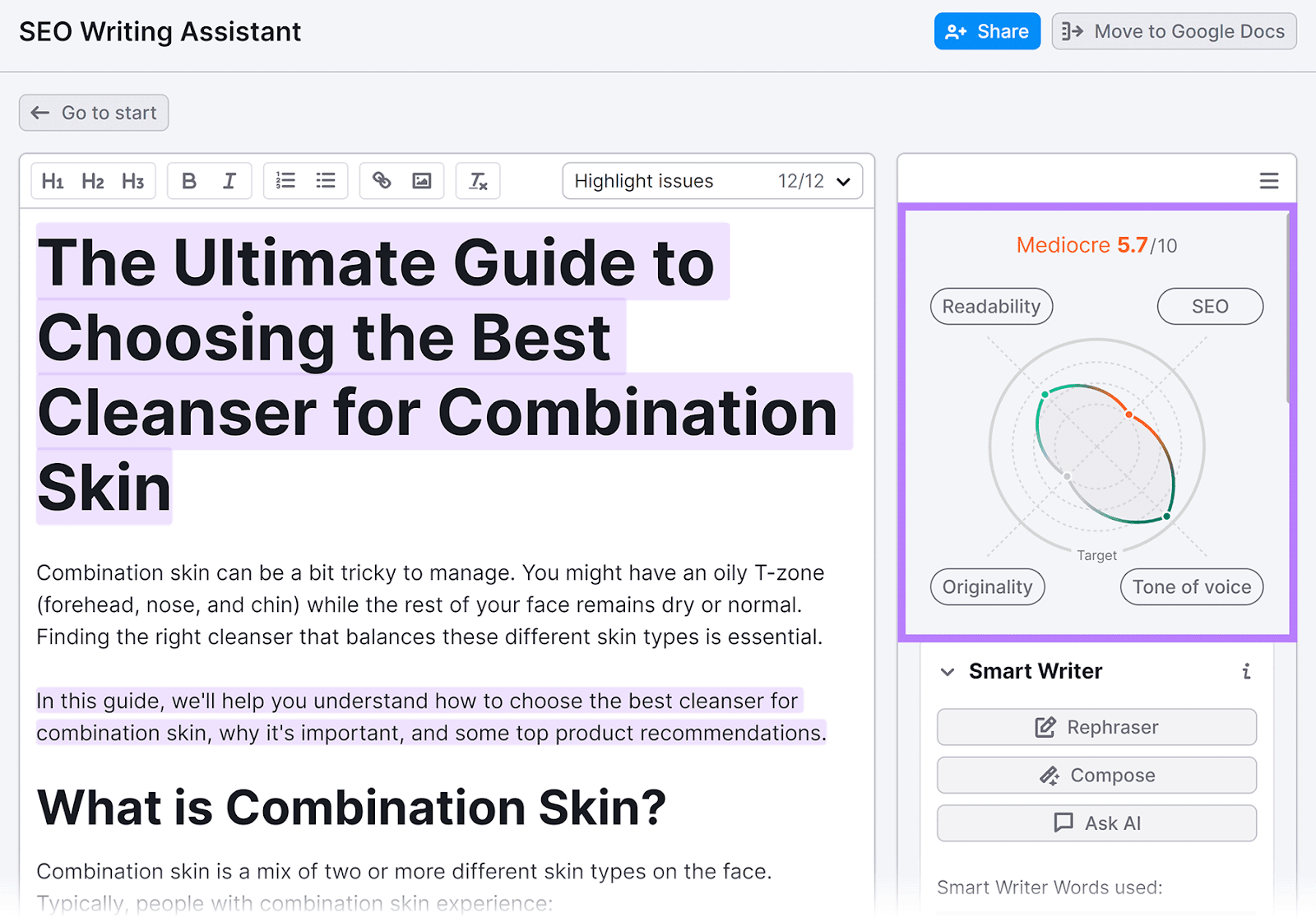 Semrush SEO Writing Assistant editor with analysis score section highlighted.