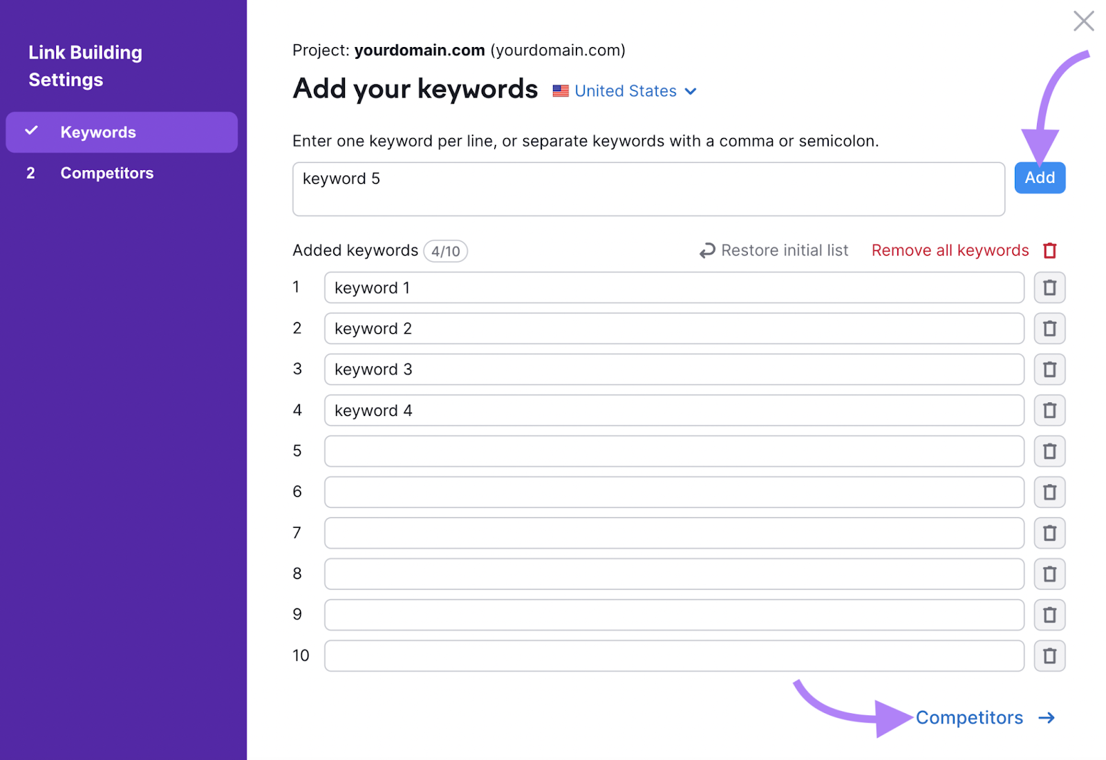 Entering keywords to Link Building tool