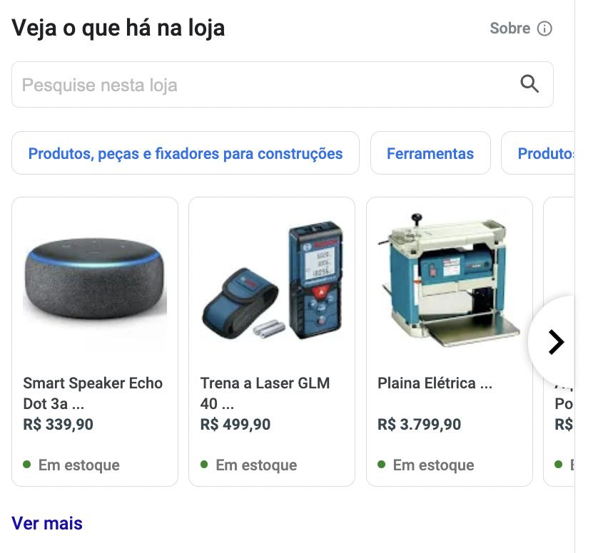 produtos no painel de conhecimento do negócio - google perfil da empresa