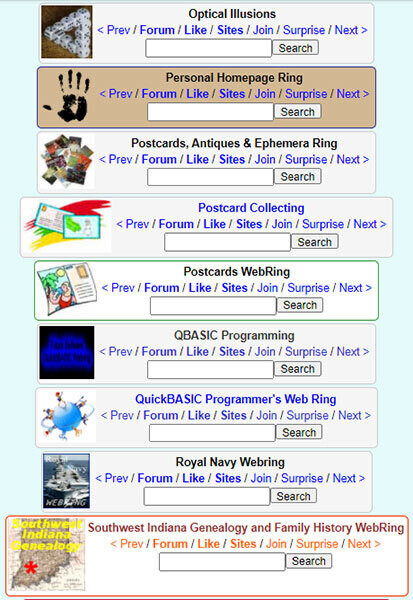 Screenshot of an early link ring with topics from "Optical illusions" to "Royal Navy" featuring ugly thumbnail images and lots of 90s blue text.