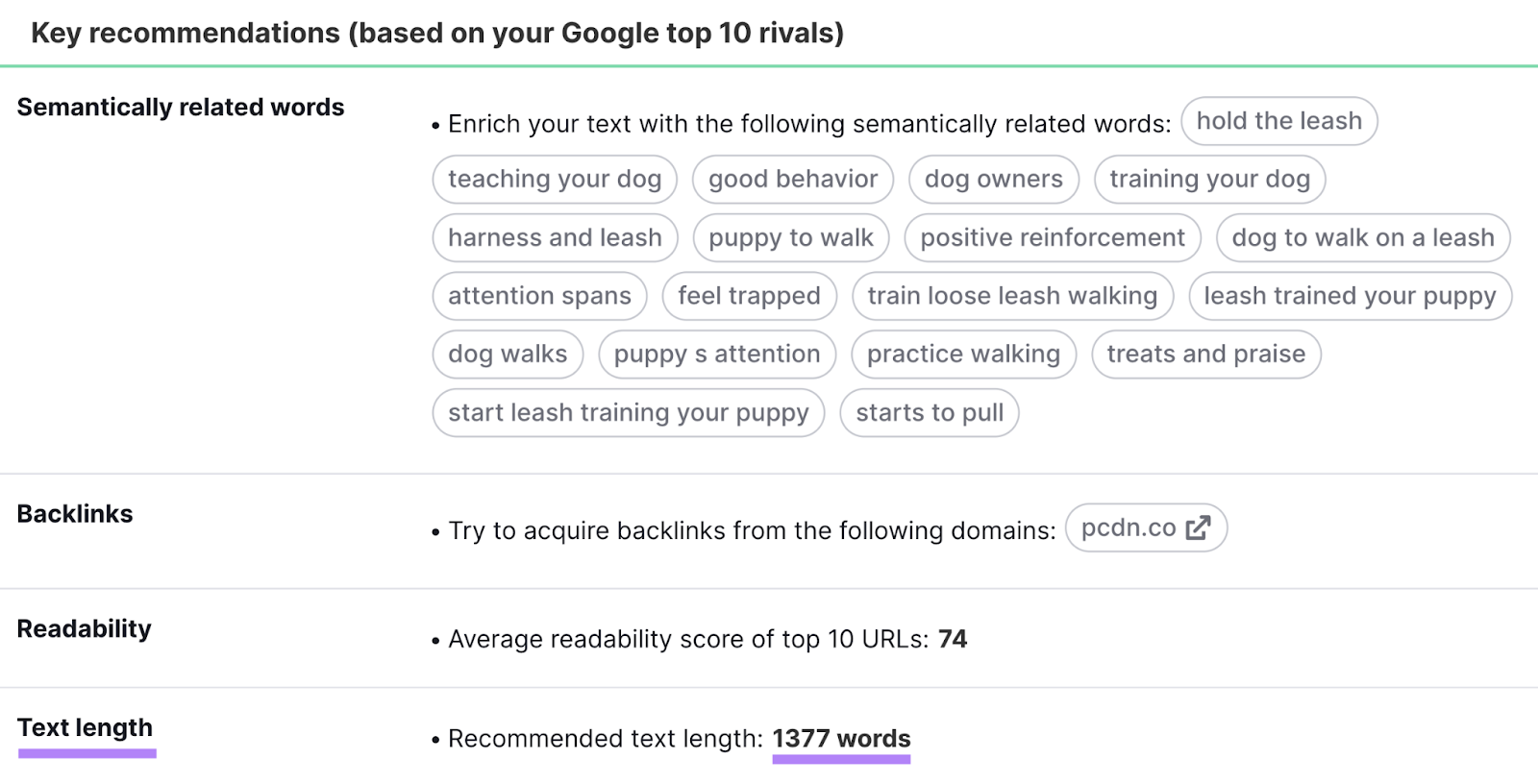 "Text length" row highlighted under "Key recommendations" page in SEO Content Template