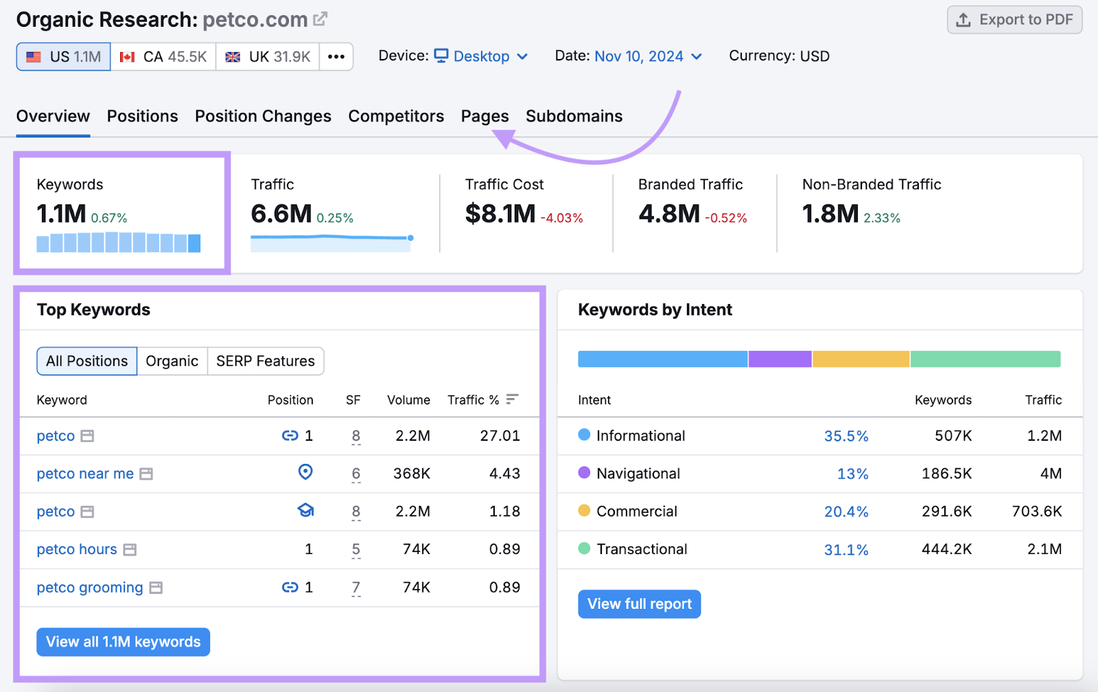 metrics and detailed report highlighted