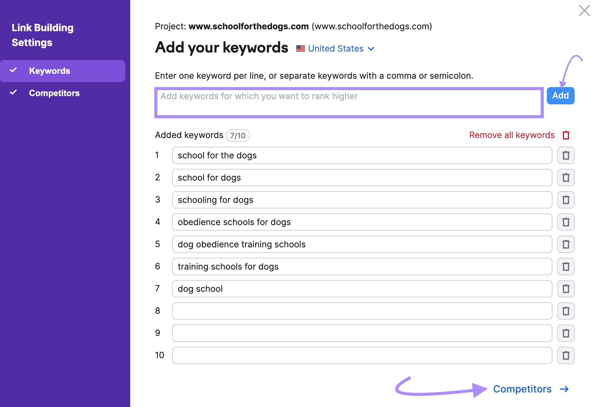 "Add your keywords" window in Link Building Settings