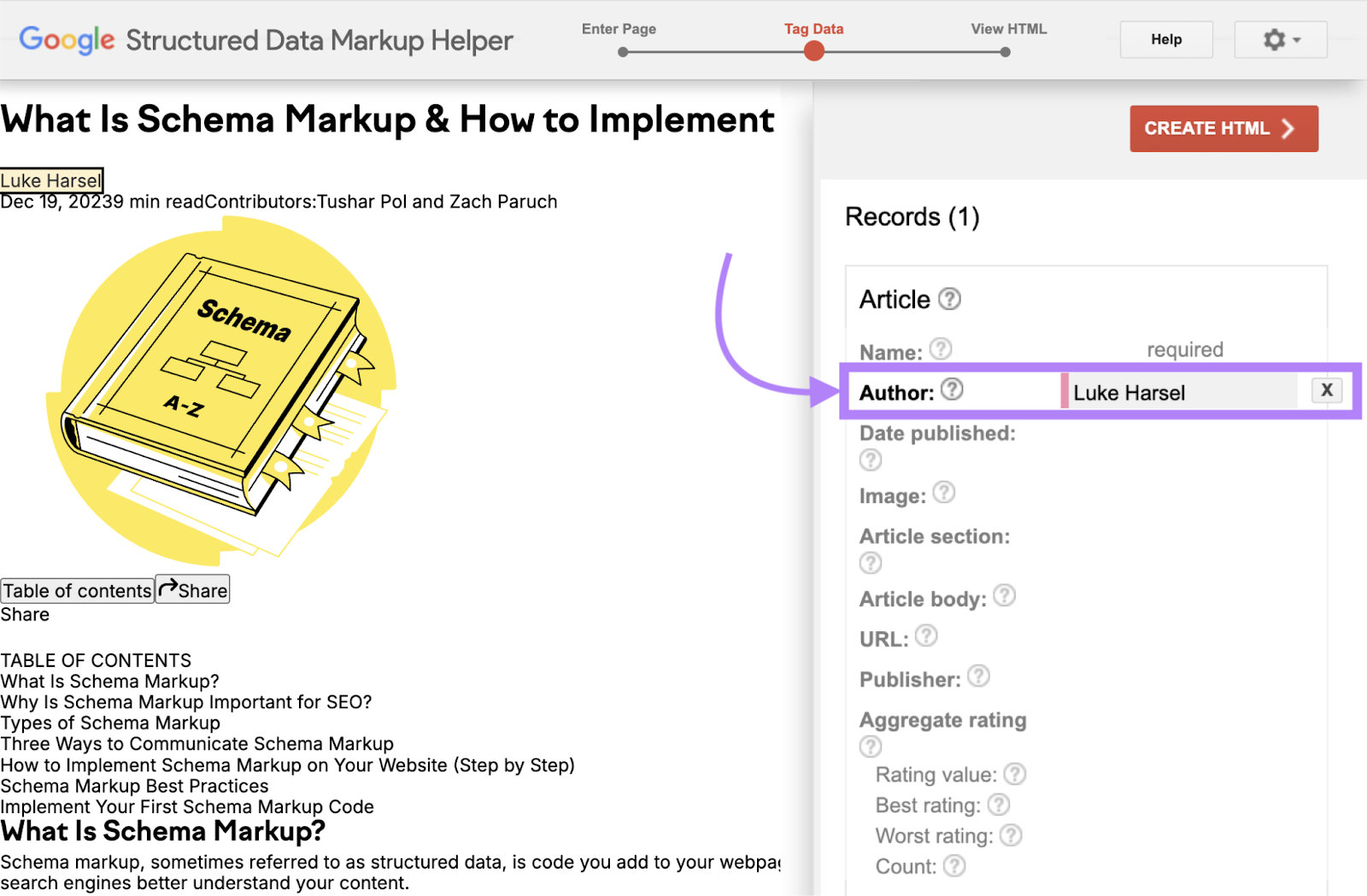 Author's name appears in the structured data items list.