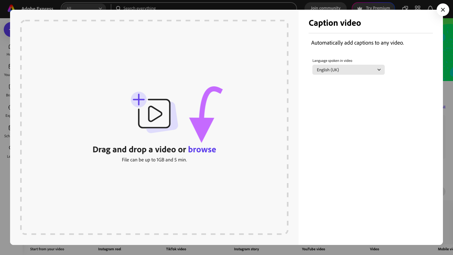 A screenshot of the video upload form inside Adobe Express.