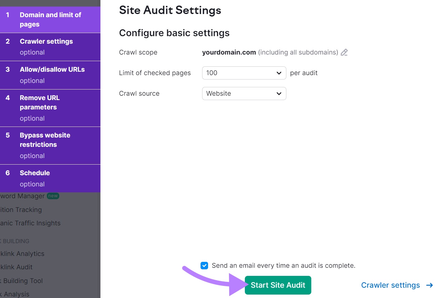 Site Audit configuration page to select crawl scope, source, and limit of checked pages with "Start Site Audit" clicked.