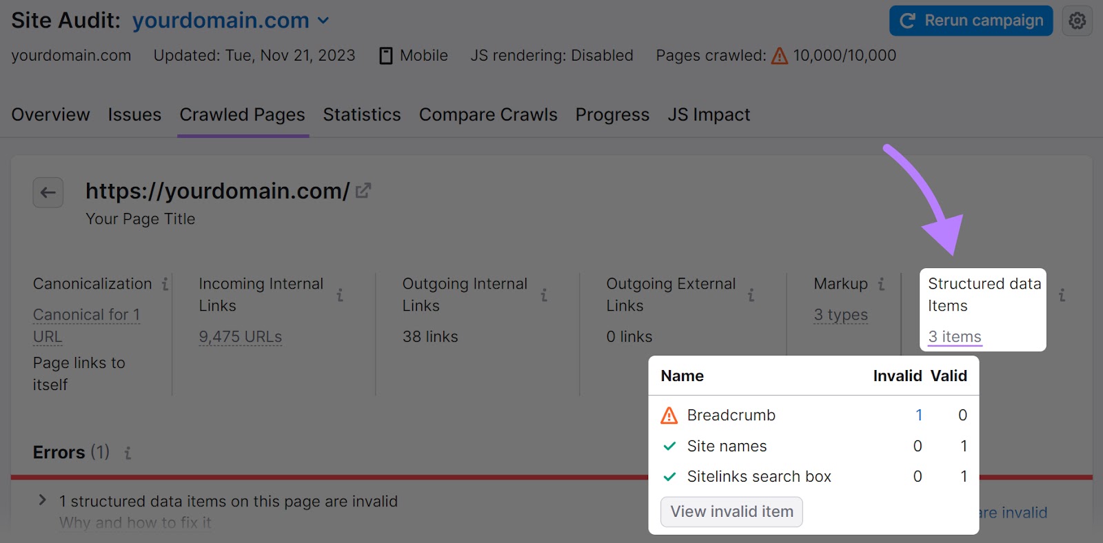 Structured data items issues in Site Audit tool