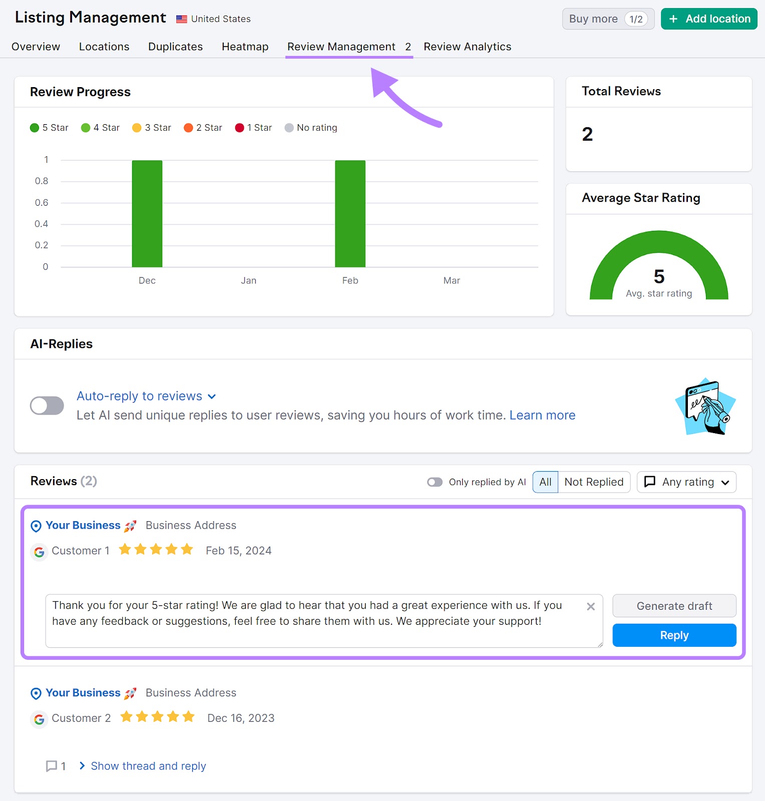 Review Management tab of Listing Management showing the ability to respond to reviews.