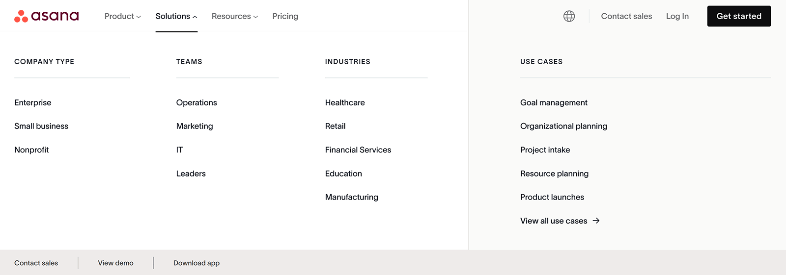 Dropdown navigation menu categorizing Asana solutions by company type, team, industry, and use case