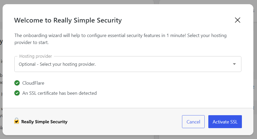 The setup wizard detects an SSL certificate.