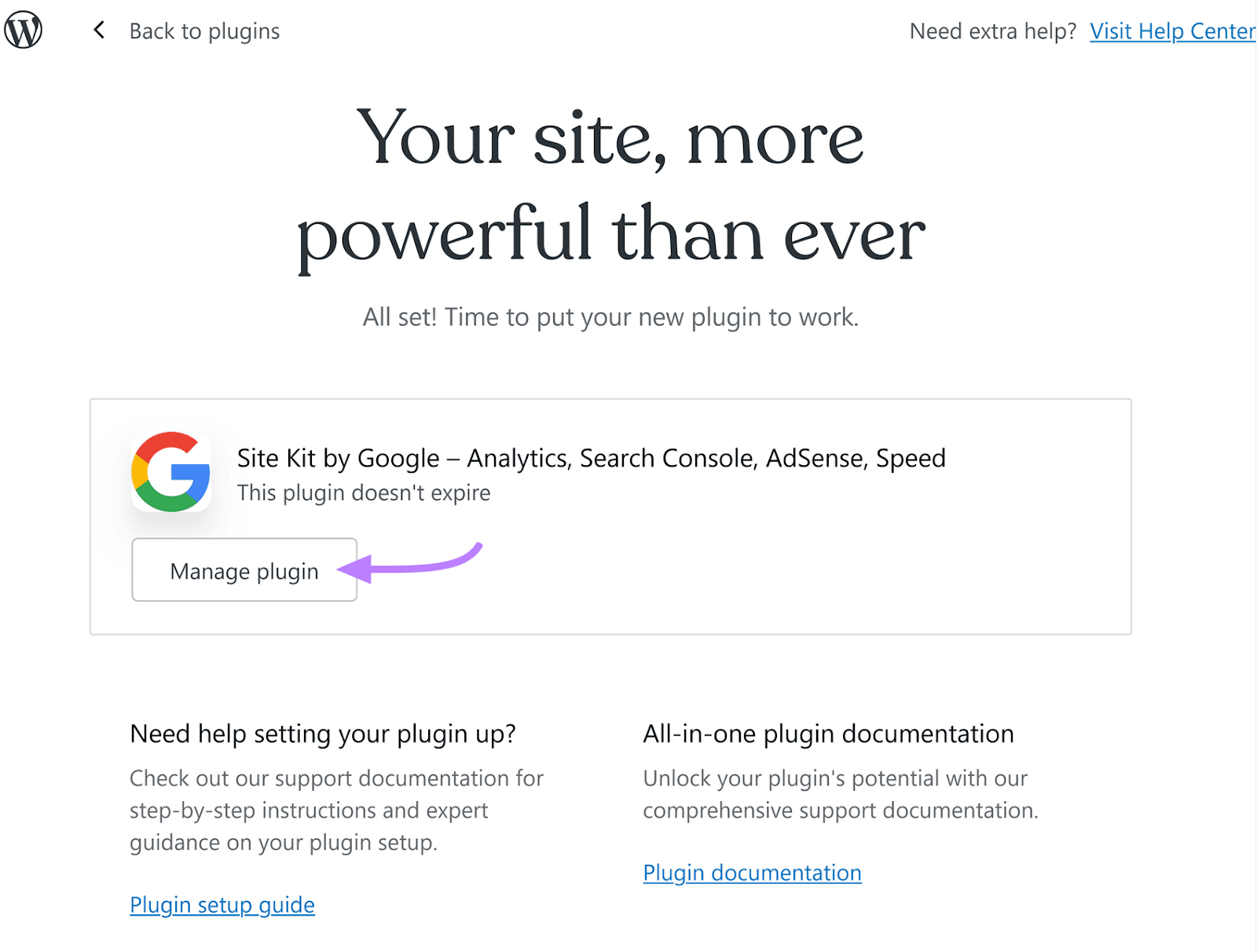 "Manage plugin" button highlighted in Site Kit by Google window