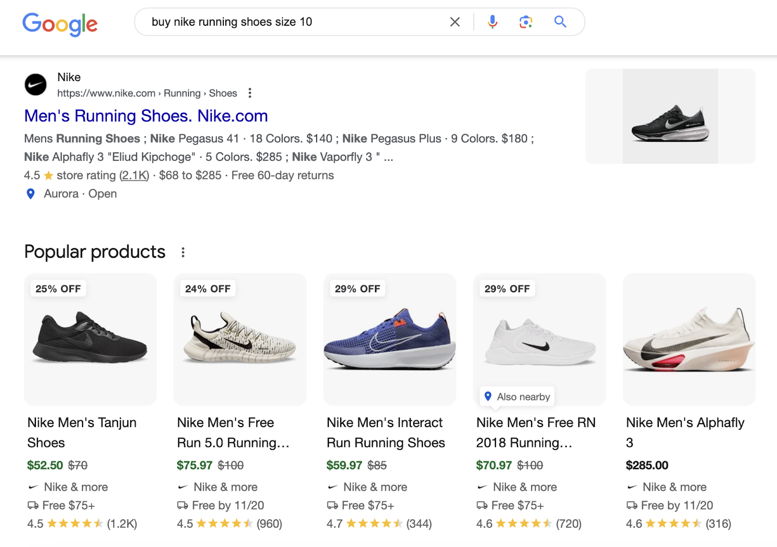 search results show an organic result for Nike's men's running shoes product page and popular products serp feature