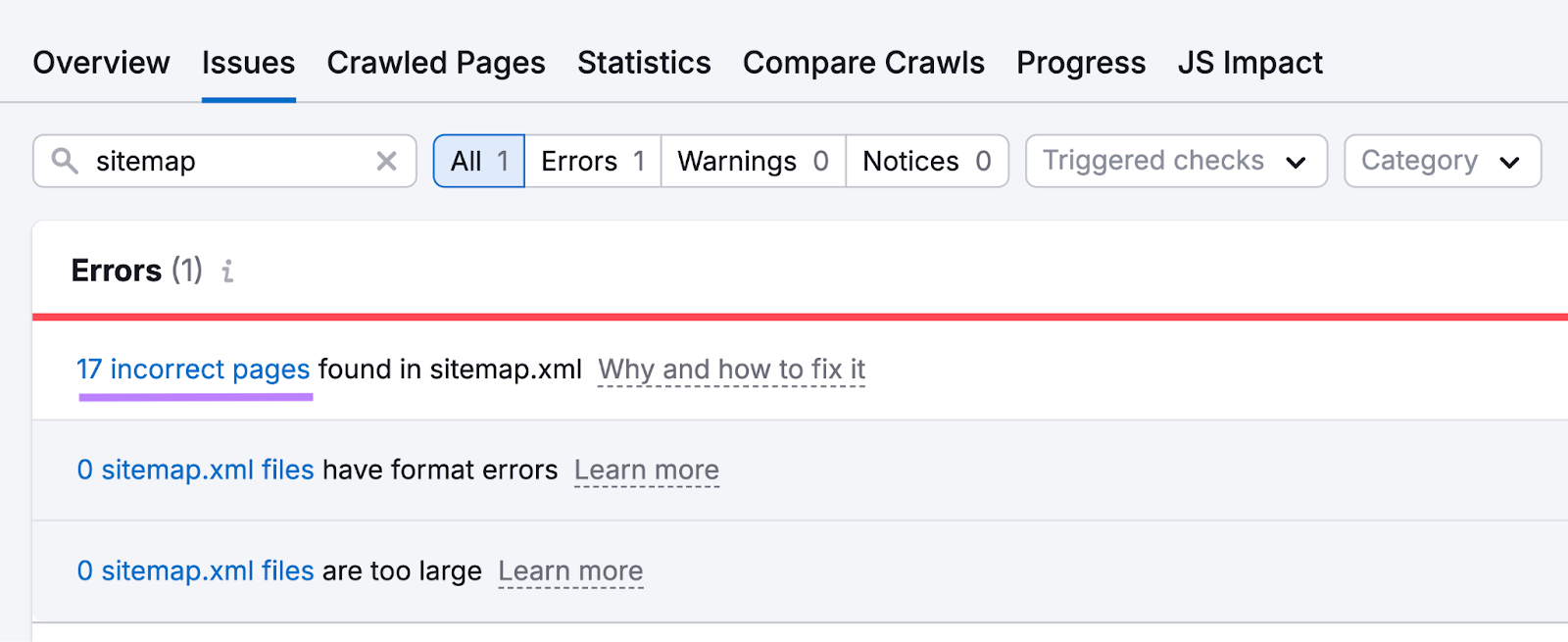 number of incorrect pages found in sitemap.xml file found